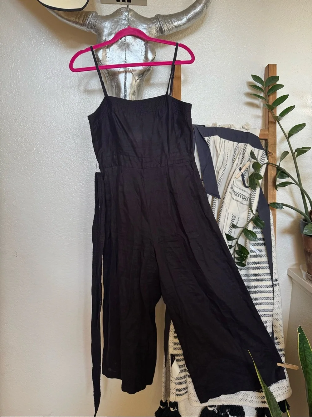 J. Crew Black Smocked Wide-Leg Jumpsuit with Tie Waist